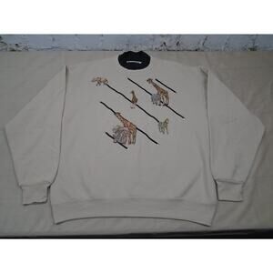 VTG 90s African Animals Giraffe Elephant Zebra Embroidered Sweater Embellished M